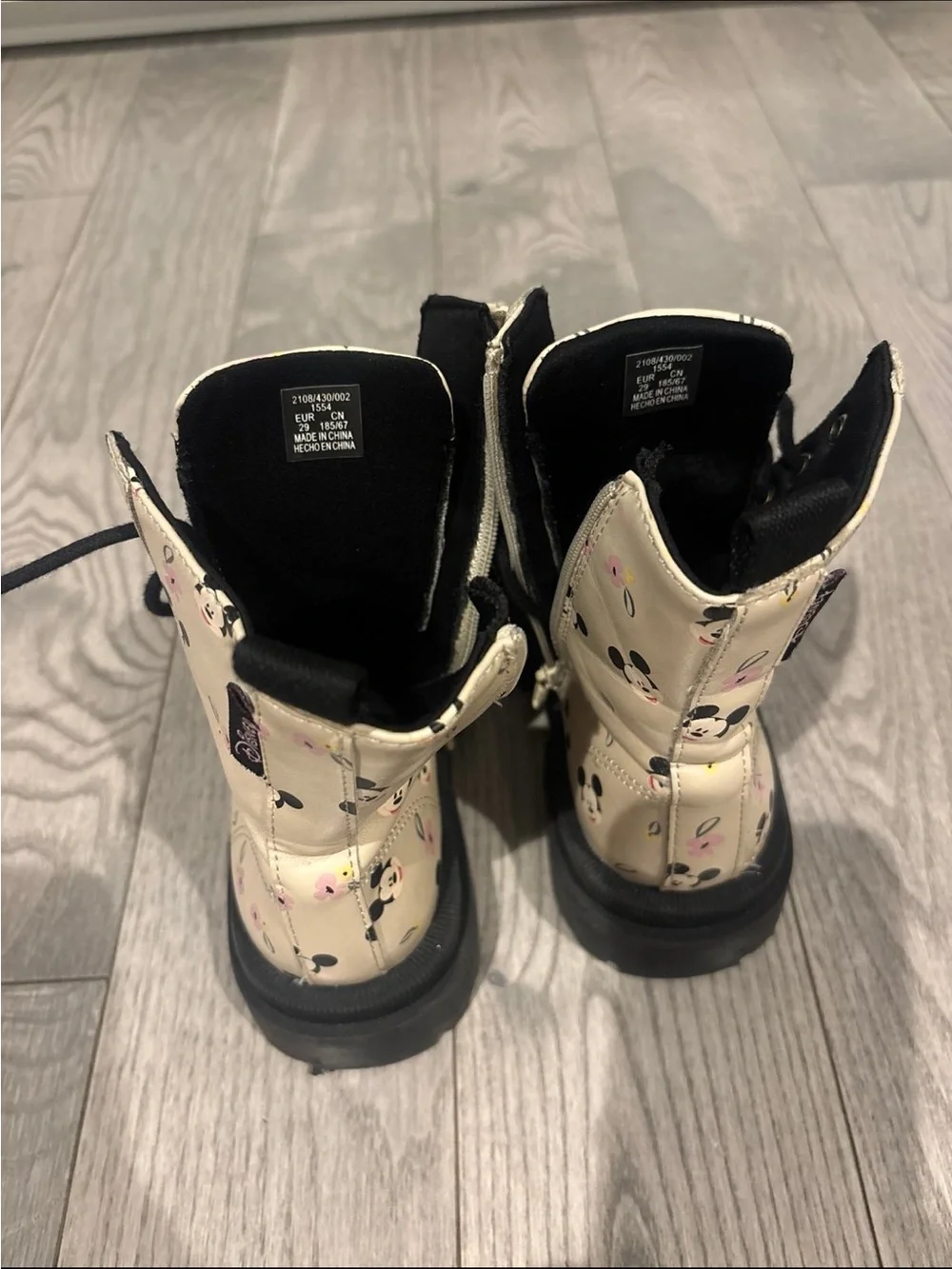 Zara Beige Kids Mickey Print Combat Boots with Black Soles